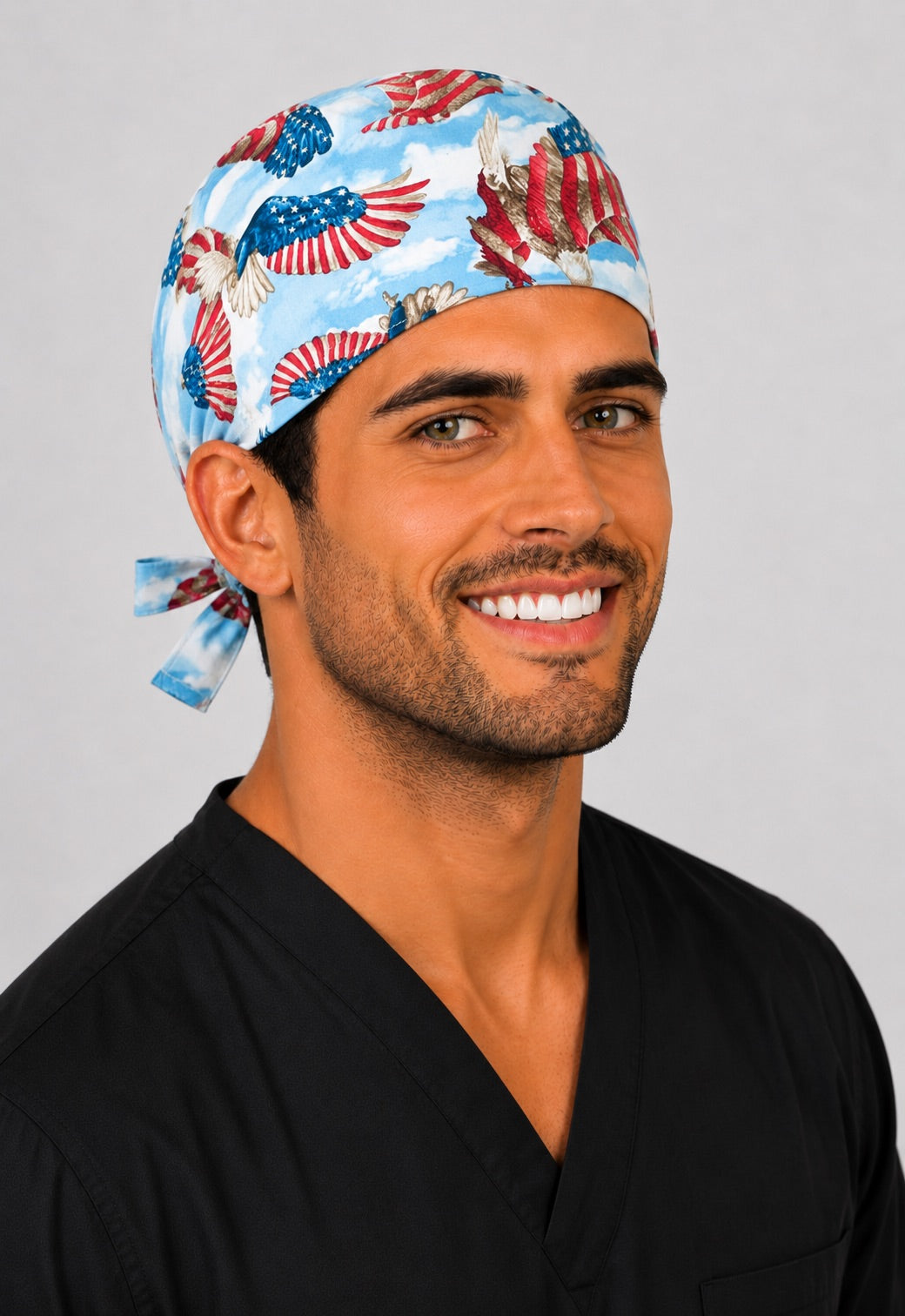 Left profile of patriotic bald eagle American flag men&