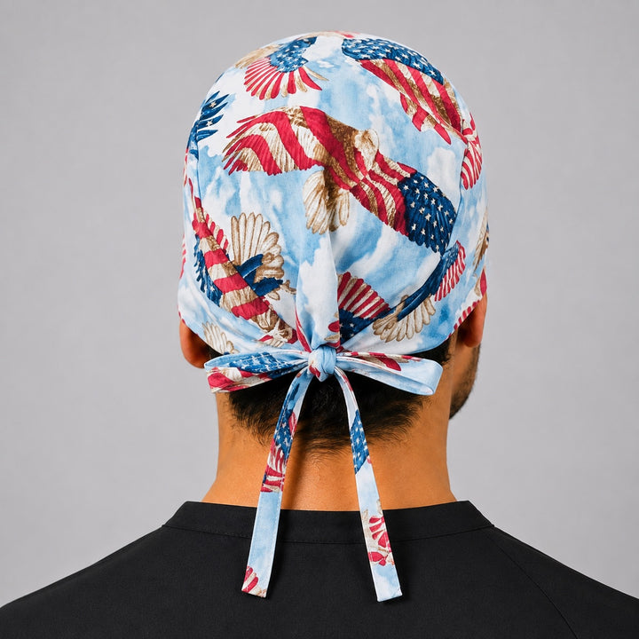 Back view of adjustable tie-back knot on patriotic eagle American flag USA scrub cap surgical hat for men