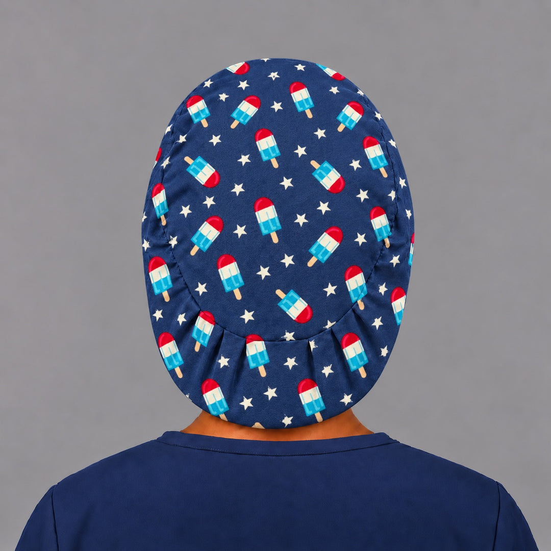 Back view of the Patriotic Popsicle Euro scrub cap — elastic gathered back showing popsicles and stars across the navy crown