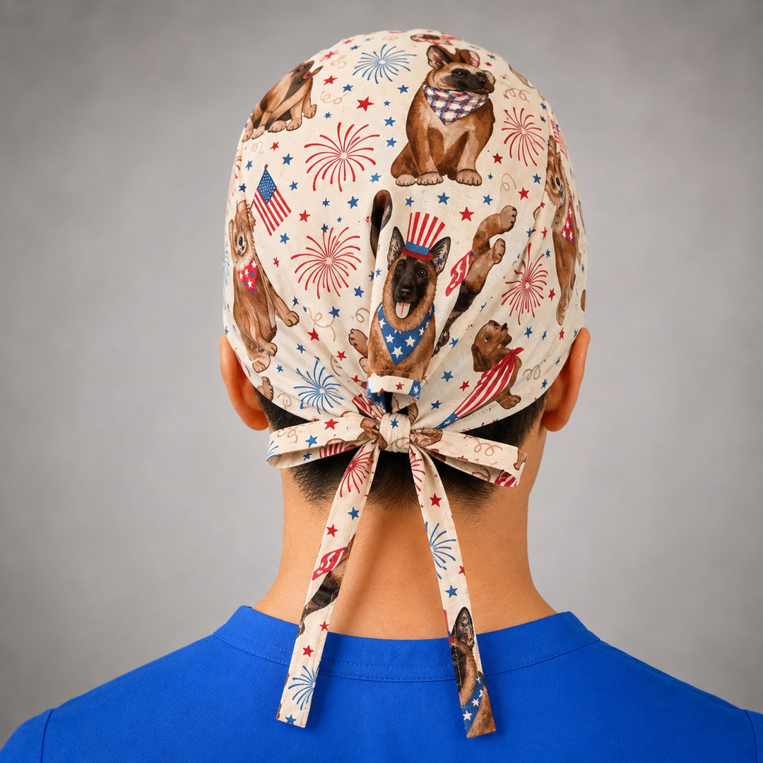 Back view of adjustable tie-back knot on cream patriotic puppy unisex surgical hat