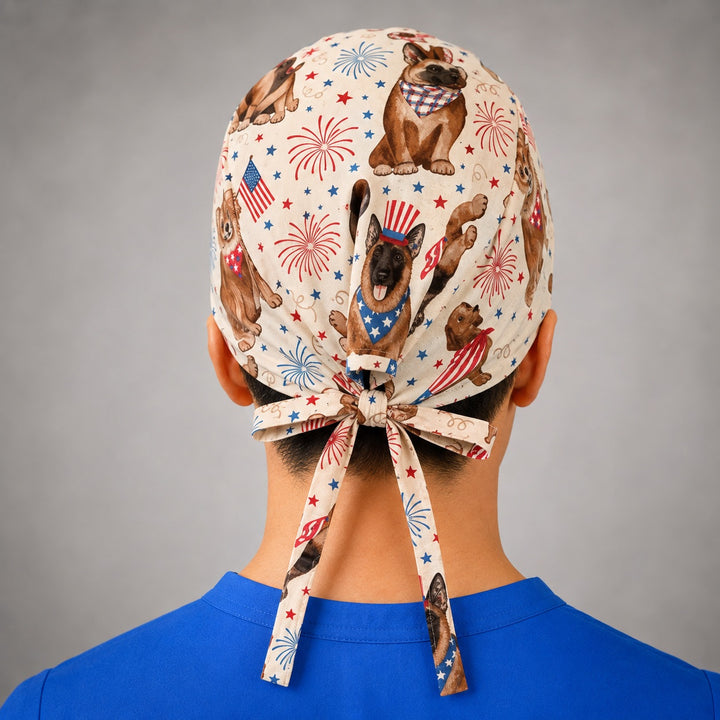 Back view of adjustable tie-back knot on cream patriotic puppy unisex surgical hat