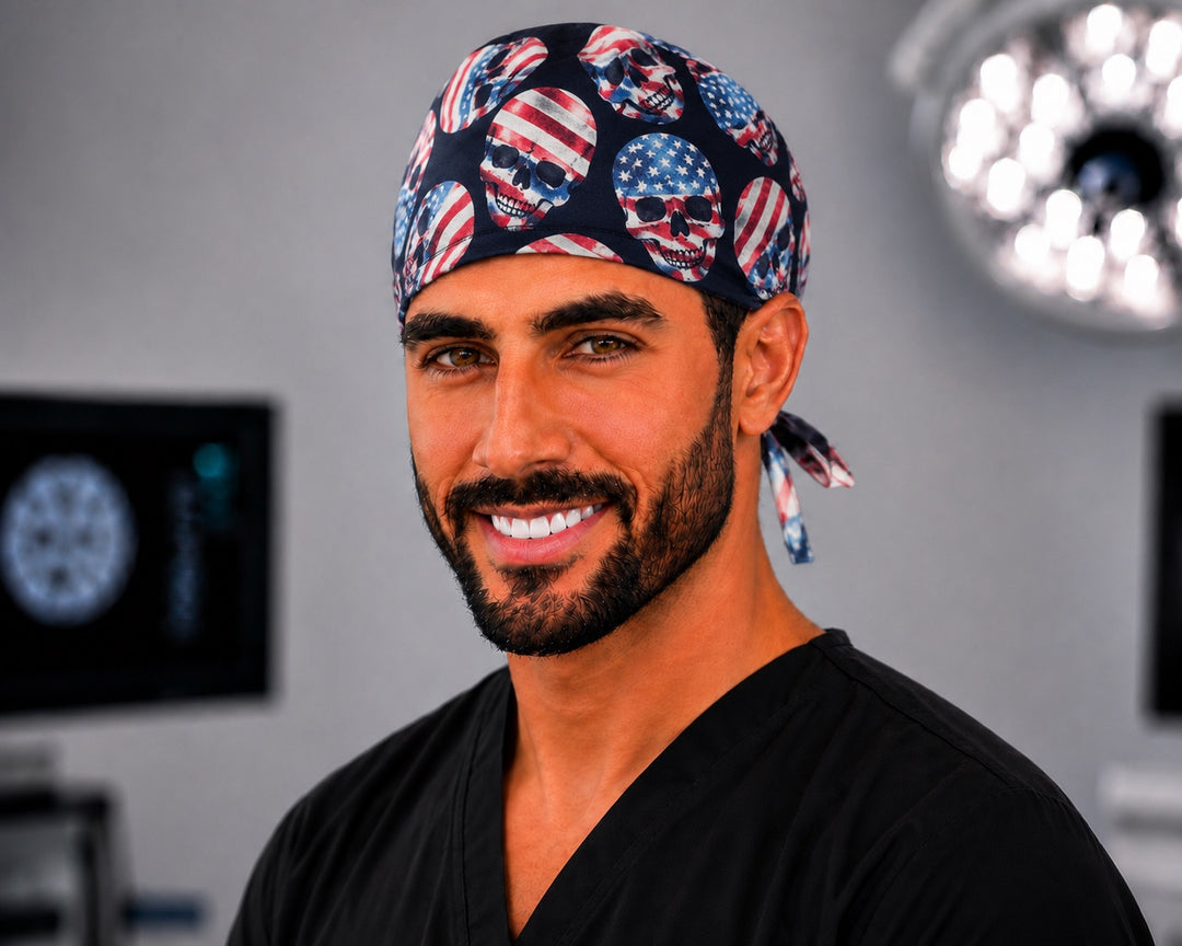 Male nurse wearing OR World patriotic American flag skull tieback scrub cap for men, front view in the OR