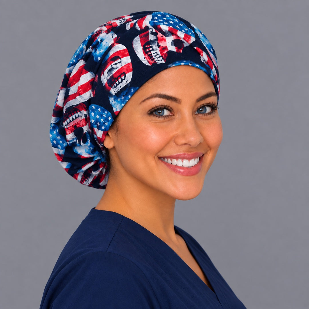 Patriotic skull Euro scrub cap, three-quarter view — American flag skulls on navy, adjustable surgical hat for nurses and doctors