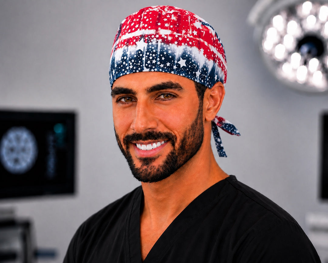 Patriotic tie-dye American flag men's tie-back scrub cap, USA OR surgical hat handmade in the USA for nurses and surgeons, front view