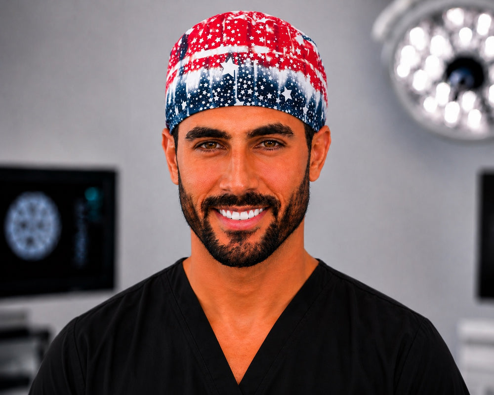 Side profile of patriotic USA flag stars men's scrub cap, red white and blue adjustable tie-back surgical hat for surgeons and techs
