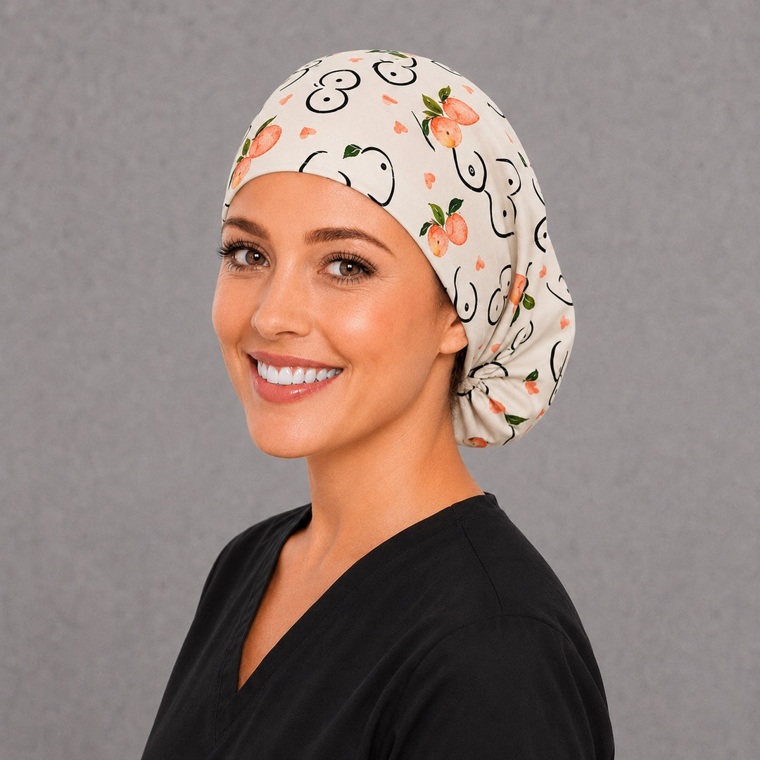 Back view of the Peaches of Hope Euro scrub cap — full coverage showing peaches, hearts and line art across the crown
