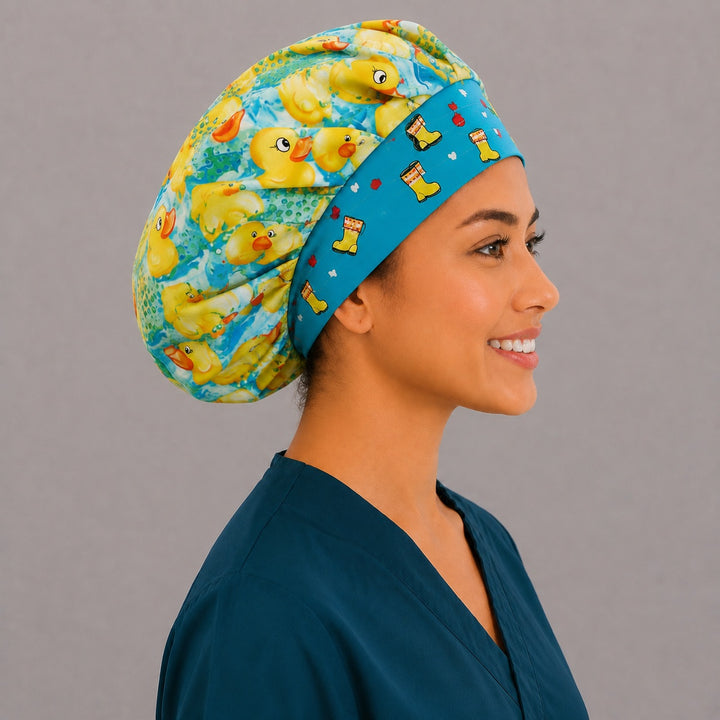 Pediatric duck bouffant cap for women, right side profile with smile — handmade rubber duckie surgical cap, USA made