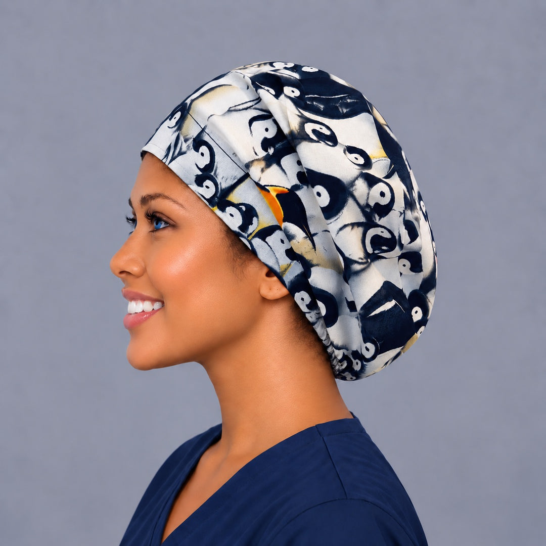 Penguin parade Euro cap, left side profile — handmade winter penguin surgical cap, USA made