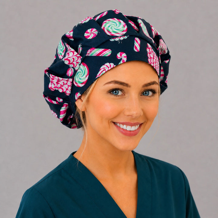 Right angled view of the peppermint candy bouffant surgical hat — black candy cane print with thick front band, roomy breathable cotton cap