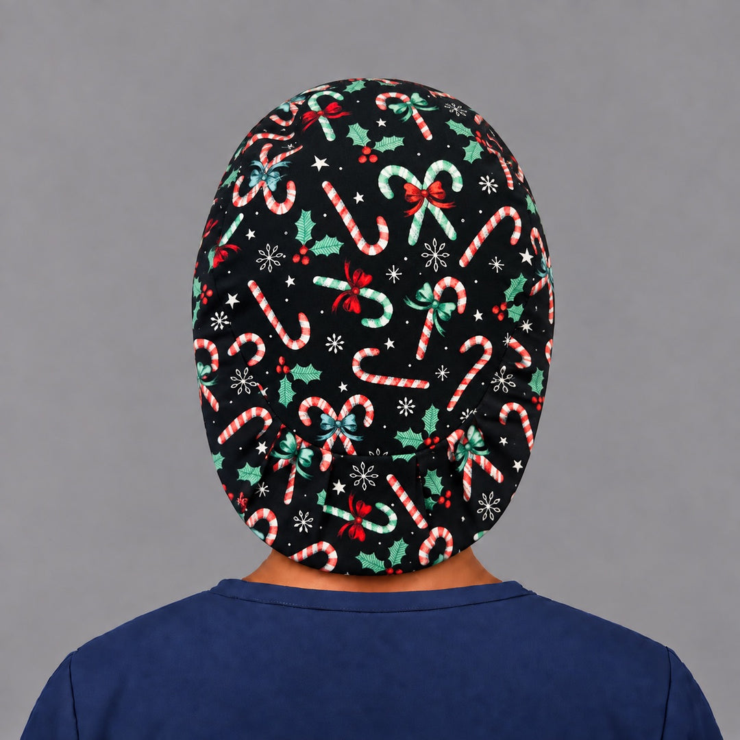 Peppermint candy cane Euro scrub cap, left side profile — snowflake and star print for OR nurses and surgical techs