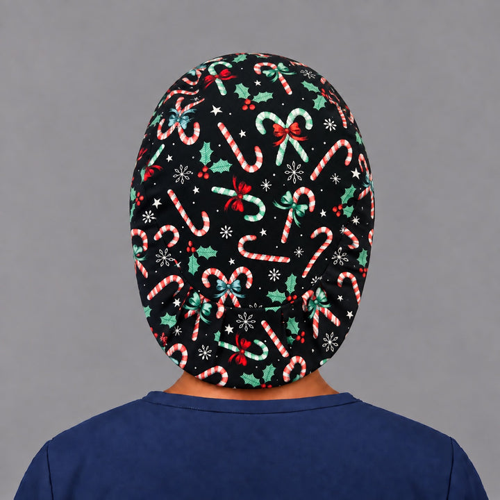 Peppermint candy cane Euro scrub cap, left side profile — snowflake and star print for OR nurses and surgical techs