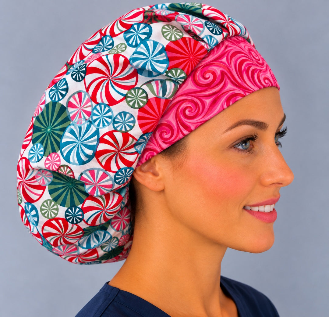 Right side profile of the peppermint swirl bouffant cap — pink band and roomy gathered crown, breathable cotton cap for nurses