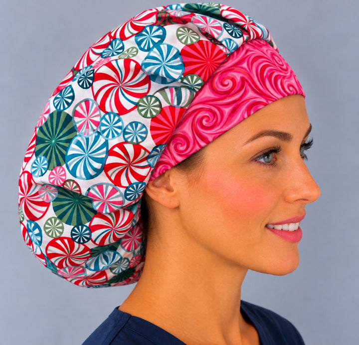 Right side profile of the peppermint swirl bouffant cap — pink band and roomy gathered crown, breathable cotton cap for nurses