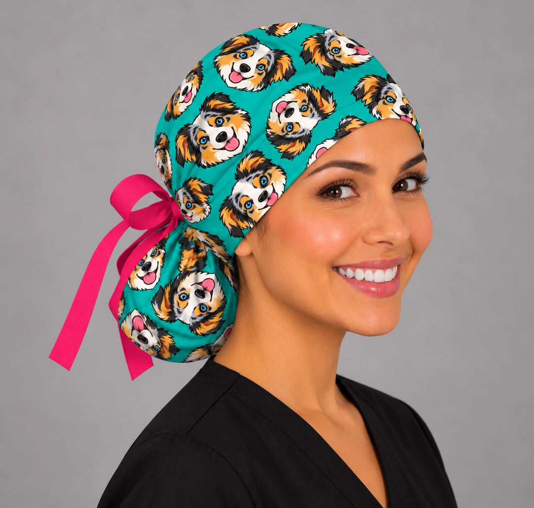 Right side view of a personalized Australian shepherd ponytail surgical hat with ribbon tie, a funny scrub cap for surgical techs