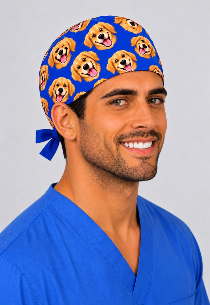 Right side view of a personalized cartoon dog tie-back surgical hat in royal blue, a funny gift for surgeons and OR nurses