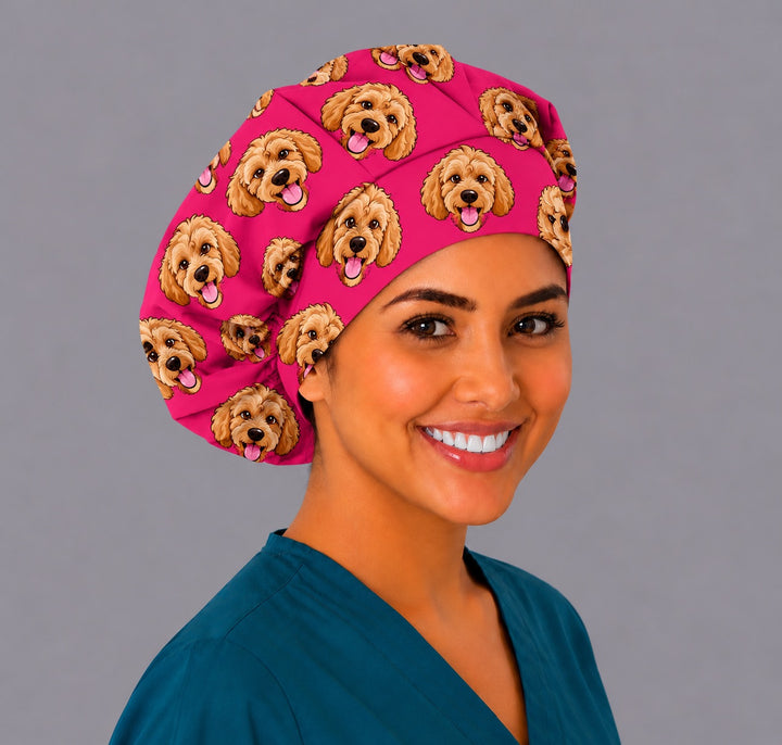Side view of a personalized cartoon doodle bouffant surgical hat with roomy coverage for long, thick and curly hair