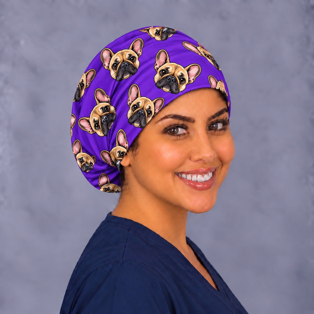 Right side view of a personalized cartoon pet euro surgical cap in purple, a funny gift for anesthesia and CRNAs