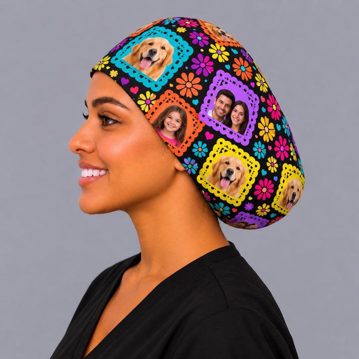 Personalized Mexican surgical hat with dog, child and couple photos in bright papel picado frames, left side view