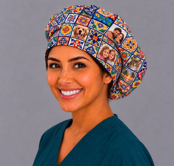 Right side of a personalized Mexican Talavera scrub cap showing couple, kids and pet photo tiles, a meaningful gift for nurses