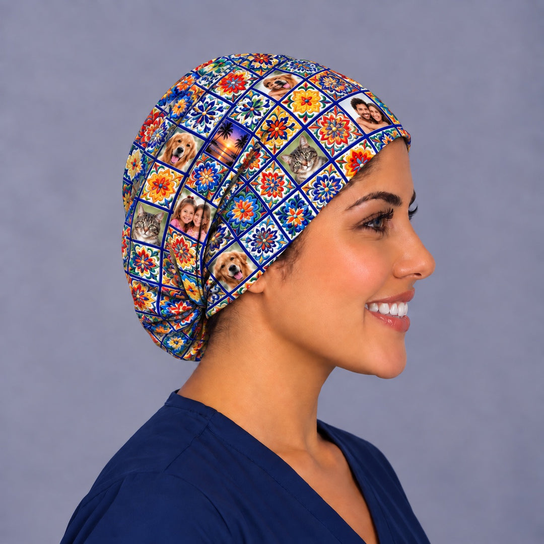 Right profile of a personalized Mexican tile surgical cap, showing golden retriever and tabby cat photo tiles along the side and the gathered elastic at the nape