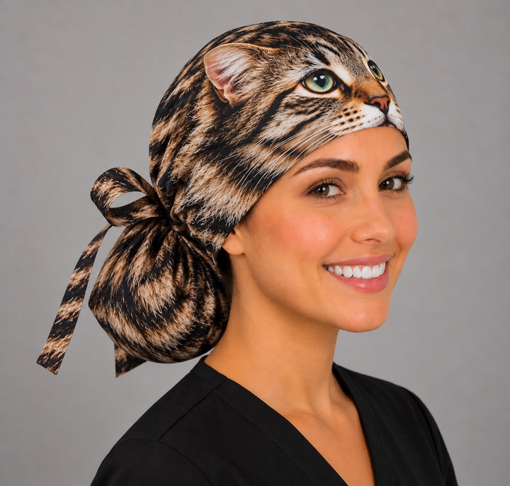 Right side view of a personalized pet face ponytail scrub cap with matching tabby fur ribbon bow, funny scrub cap gift for surgeons and surgical techs