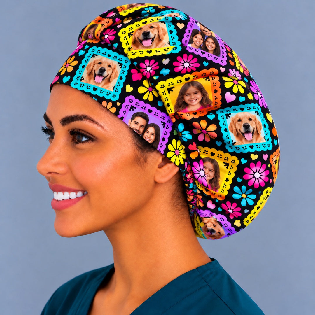 Left side profile of a personalized pet photo bouffant surgical hat, with golden retriever photos in turquoise and yellow cut-paper frames along the crown