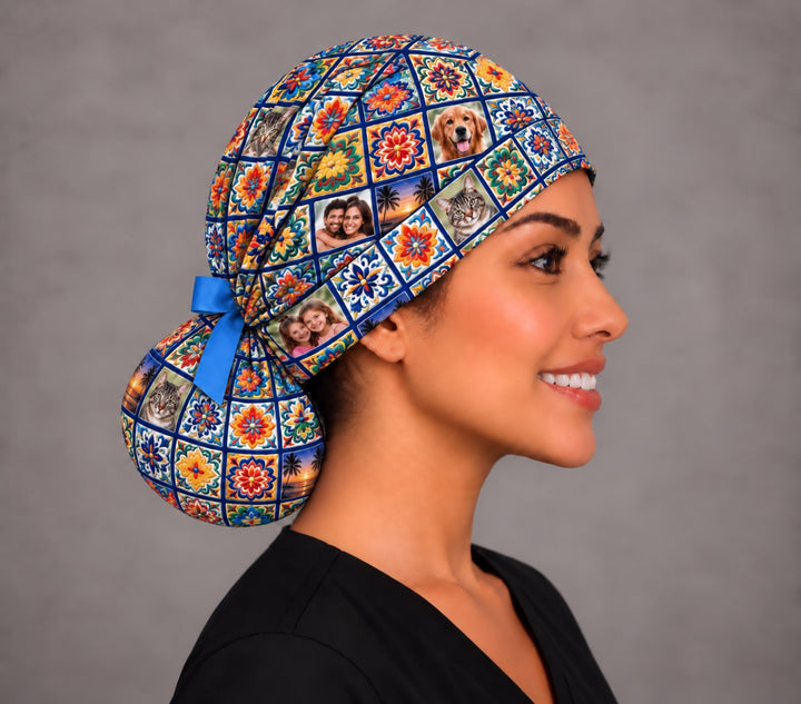 Right profile of a personalized pet photo ponytail surgical hat, showing a cobalt blue grosgrain bow tied where the band meets the round ponytail pouch
