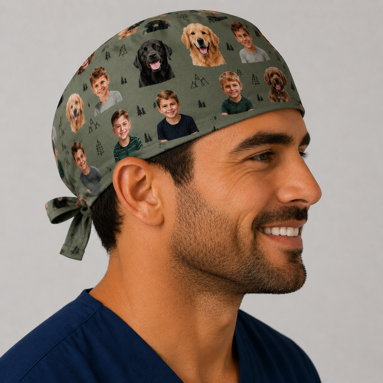 Side view of personalized photo scrub cap for men with forest trees & uploaded family and pet photos — custom photo surgical hat for OR nurses & surgeons, handmade USA.