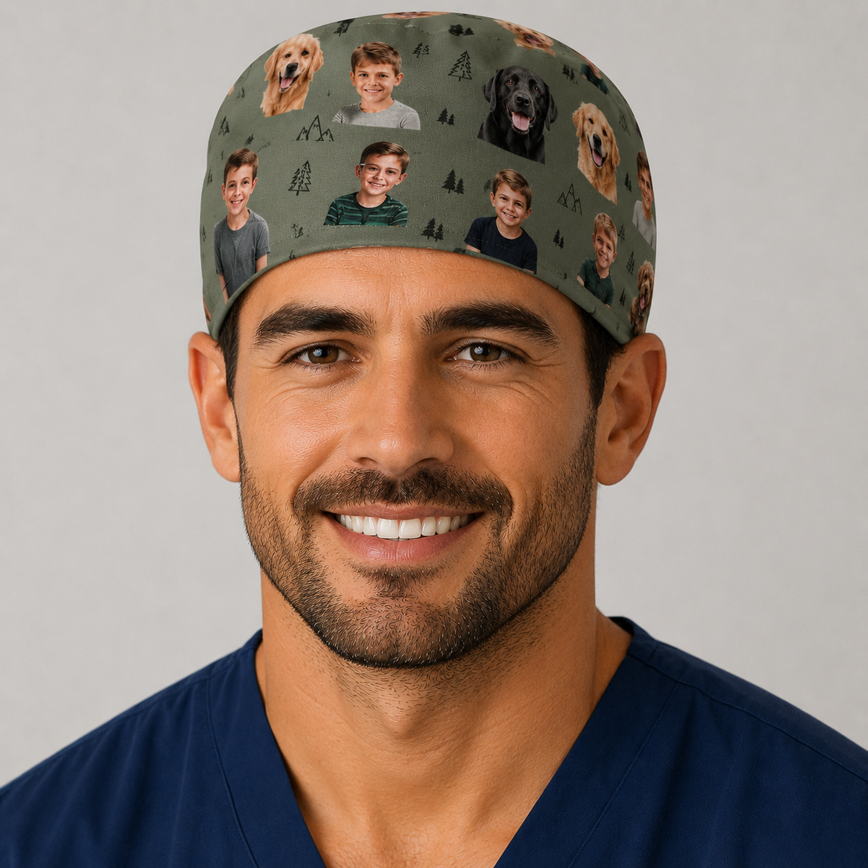Profile view of personalized photo scrub cap for men on a forest background with family and dog photos — custom photo surgical hat, thank-you & graduation gift, handmade in the USA.