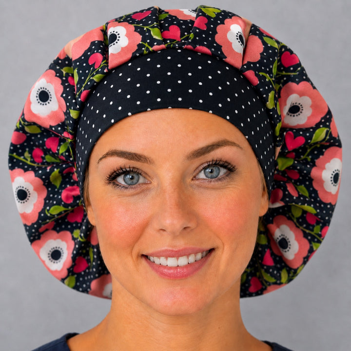 Petals and Polka Dots bouffant cap for women, opposite side profile — handmade black floral surgical cap, USA made