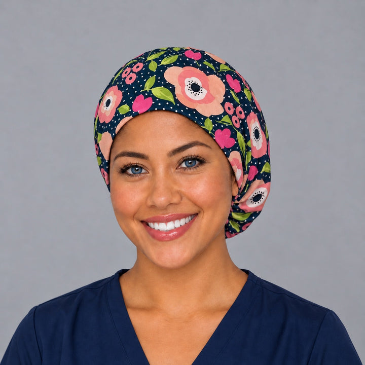 Woman wearing a petals and polka dots Euro scrub cap, front view — coral poppies on black polka dot, adjustable surgical hat for nurses