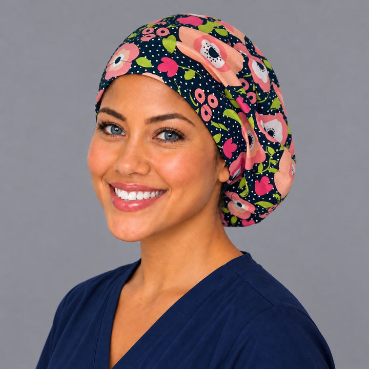 Petals and polka dots Euro surgical cap, left angled view — elastic adjustable back that secures long or thick hair