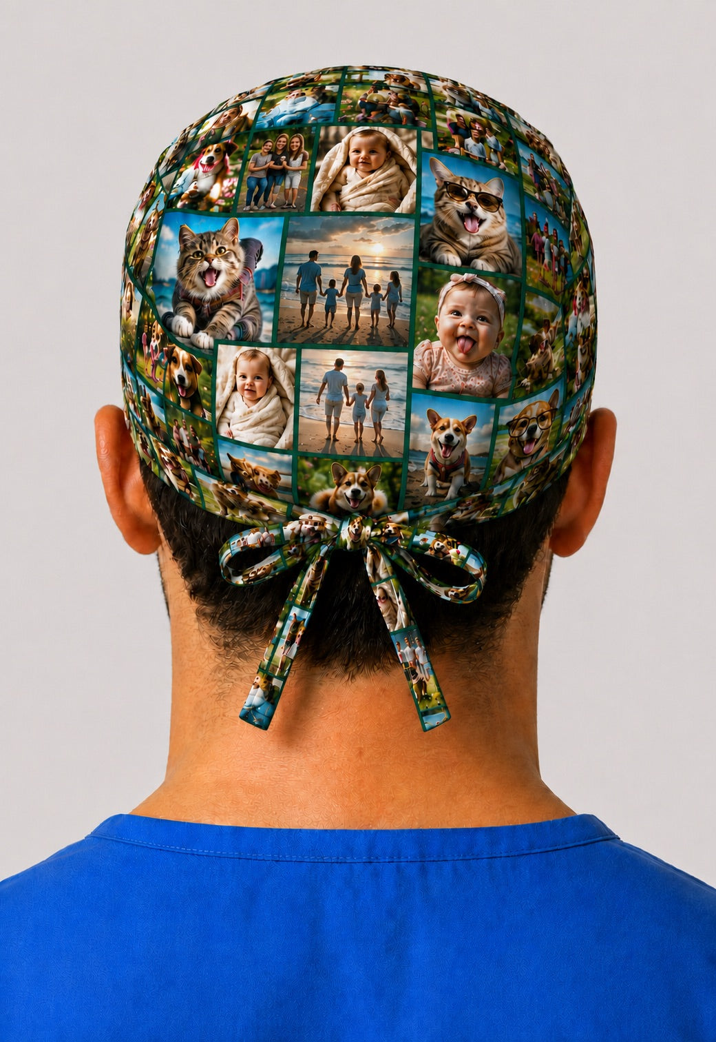 Back view of an emerald deep jade custom photo grid scrub cap with a tie-back bow, printed with beach family, baby, dog and cat photos — personalized surgical hat for surgeons and nurses, handmade USA.