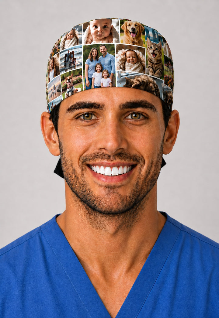 Surgeon in a white-background custom photo grid surgical hat featuring family, newborn, cat and dog photos, front view — personalized photo scrub cap for nurses and surgeons, women-owned, handmade in USA.