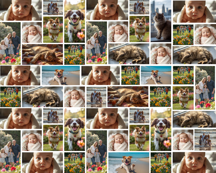 Clean white-background custom photo grid scrub cap fabric swatch featuring newborn, family, beach dog and cat photos — up to 10 personalized photos, women-owned, handmade USA surgical hat.