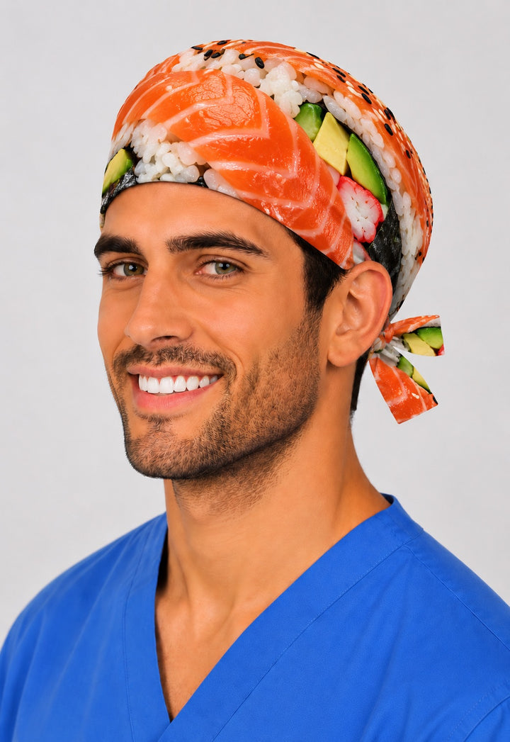 Right side of a photorealistic sushi scrub hat for men with avocado, crab and sesame rice detail