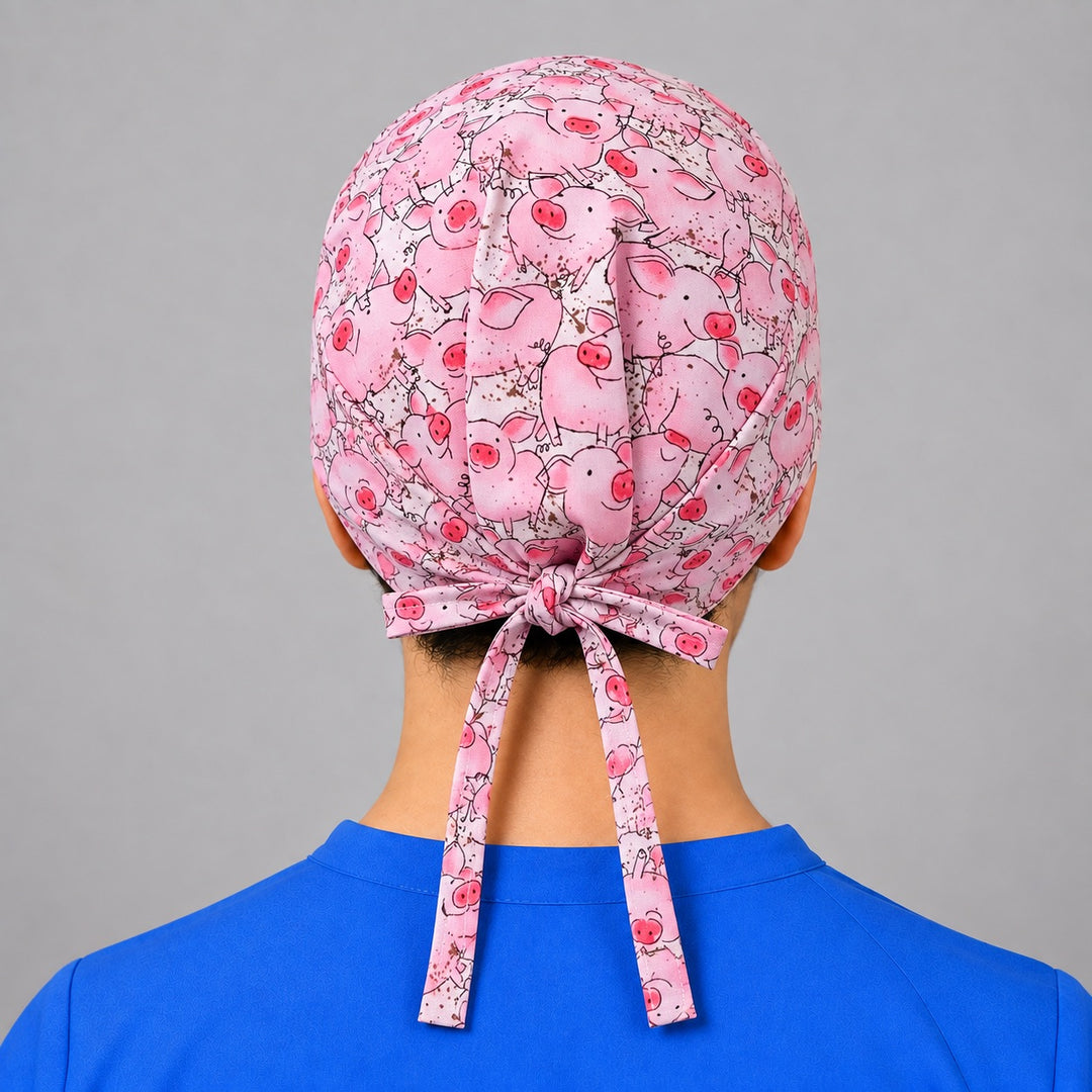 Left profile of piglet print scrub cap for vet techs with short hair, handmade OR cap with side tie