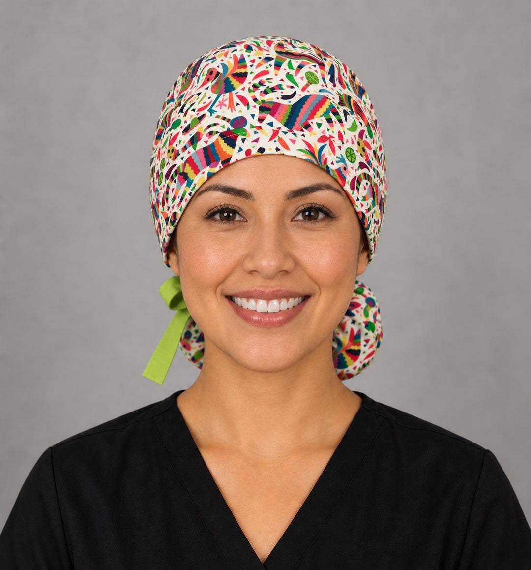 Piñata ponytail surgical cap, left angled view — deep gathered pouch that holds long thick or braided hair securely
