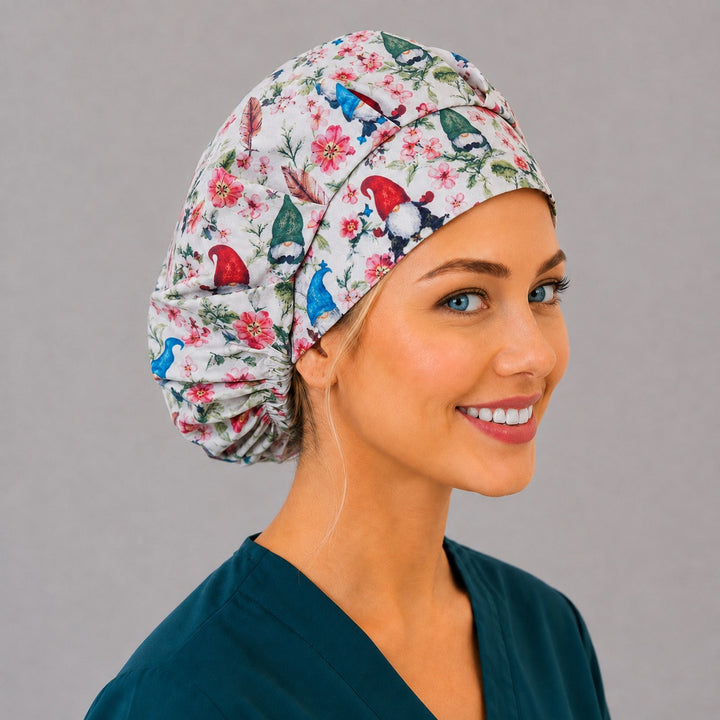 Pink blossom gnome bouffant scrub cap, right angled smiling view — cute spring print for OR nurses and surgical techs