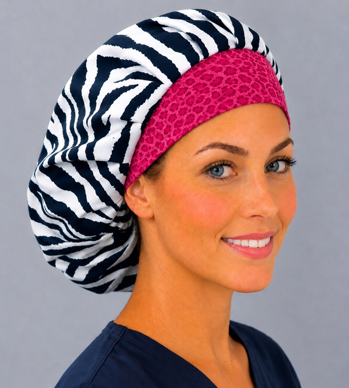 Pink cheetah band zebra bouffant cap for women, right angled view — handmade animal print surgical cap, USA made