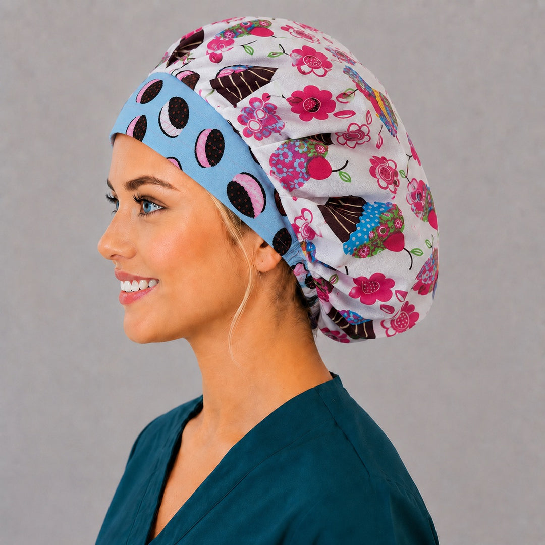 Pink cupcake and floral bouffant cap for women, opposite side profile — retro bakery print, handmade cotton surgical cap, USA made