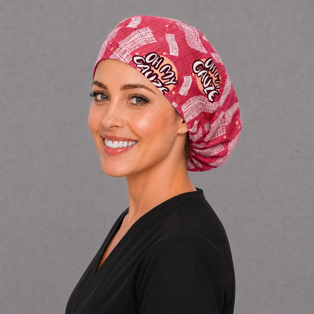 Pink gauze Euro surgical cap, left angled view — elastic adjustable back with full head coverage