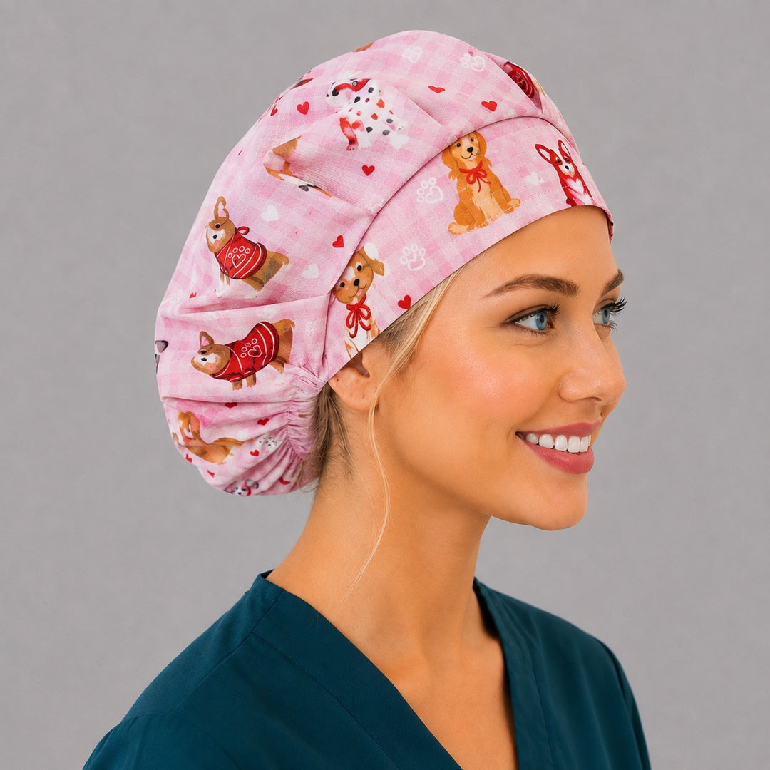 Right side profile of the pink gingham dog bouffant surgical hat — all-over puppy print with no contrast band, roomy breathable cotton cap