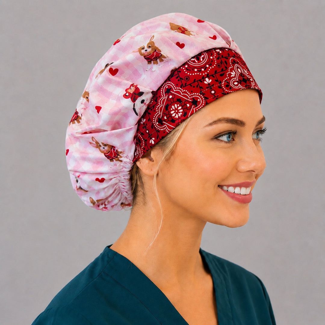 Right side profile of the pink gingham puppy bouffant surgical hat — red bandana paisley contrast band, roomy breathable cotton cap for nurses