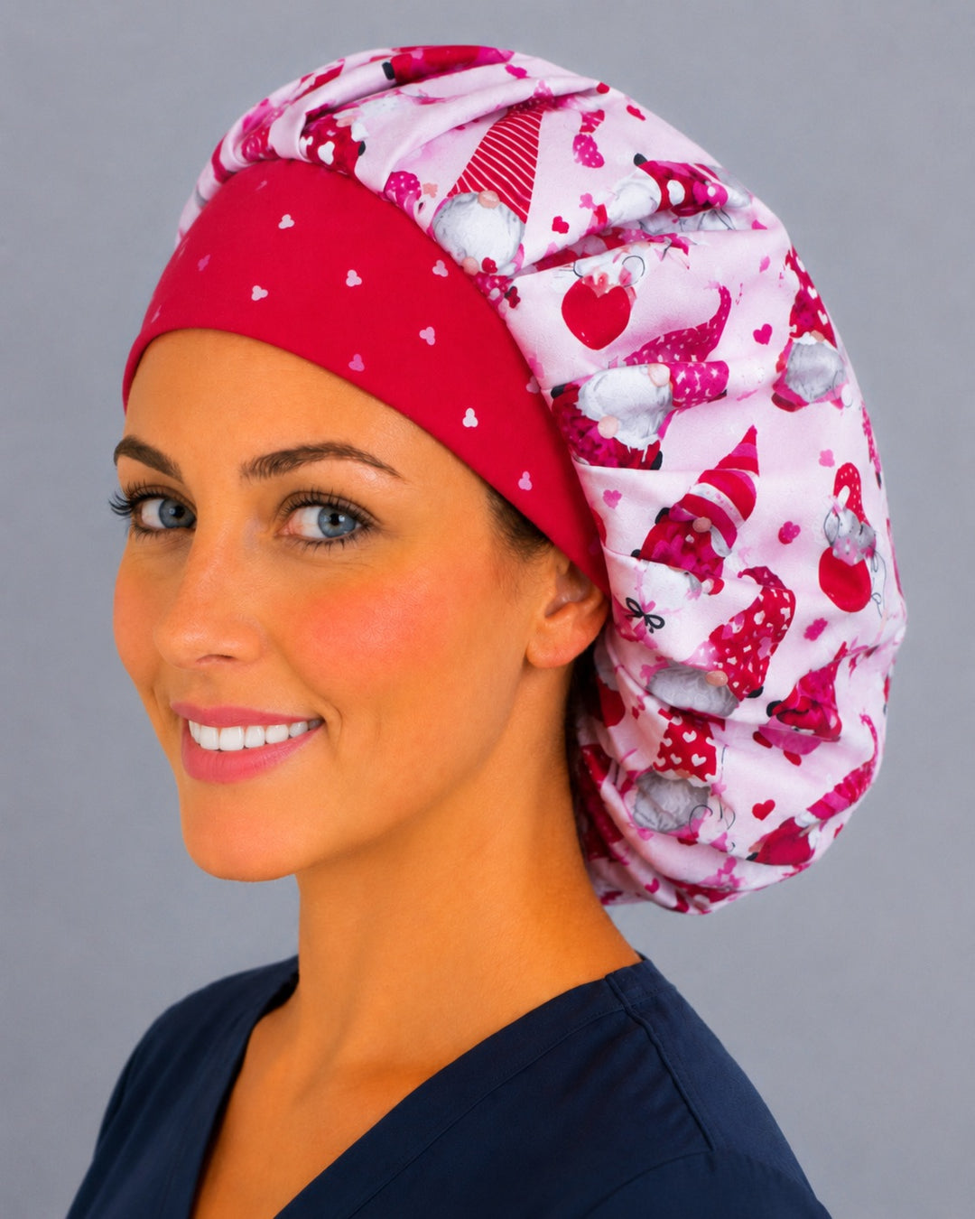 Pink heart gnome bouffant surgical cap for women, side view — Valentine gnome print bouffant scrub hat, breathable cotton