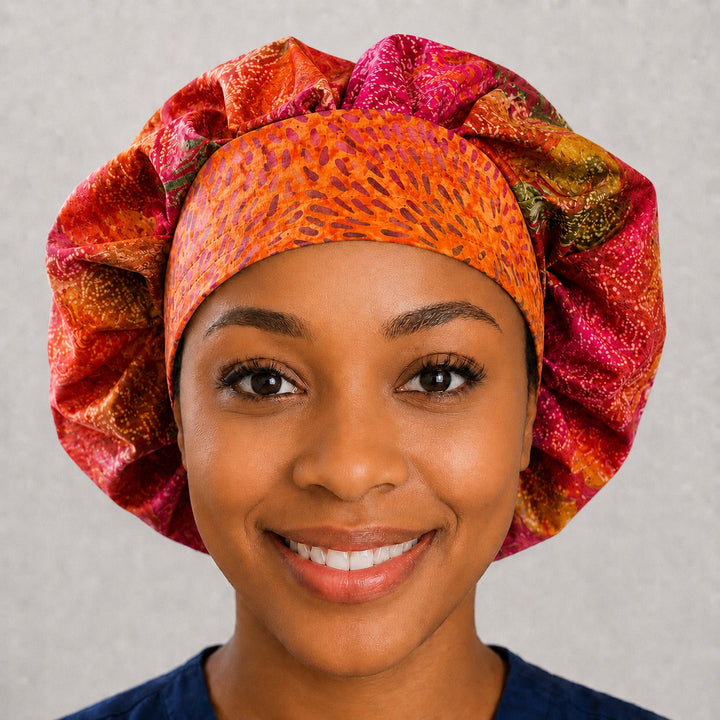 Woman wearing a pink and orange batik bouffant scrub cap, front view — fuchsia and citrus hand-dyed print with orange band, adjustable women&