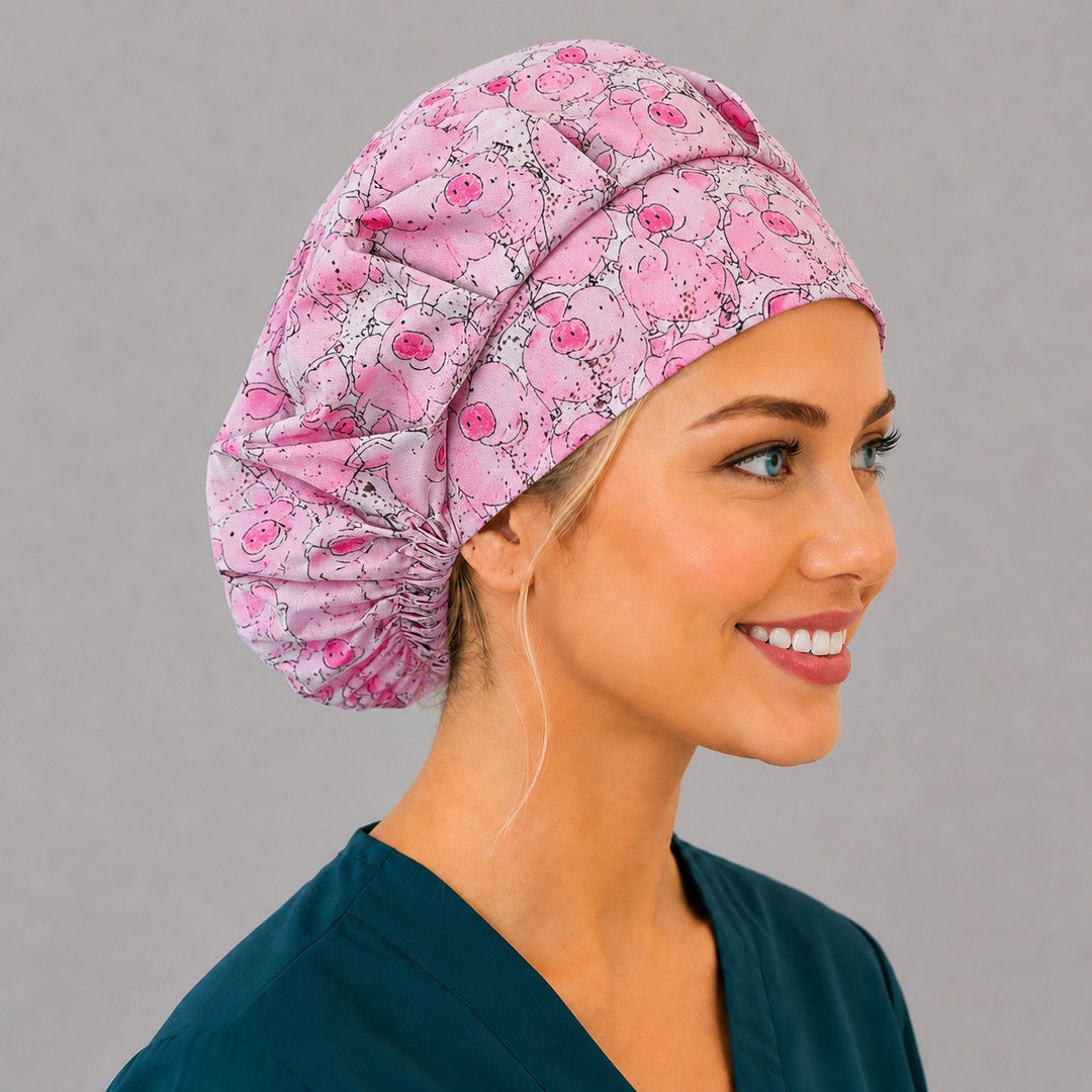 Pink piggy bouffant scrub cap, right side profile — roomy elastic-back farm animal cap for vet techs and veterinary teams