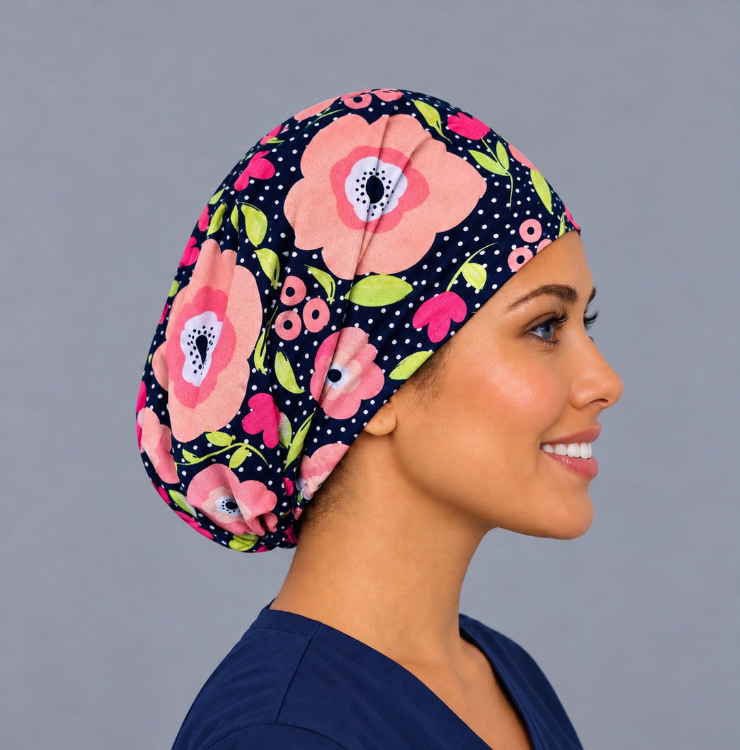 Right side profile of the pink poppy polka dot Euro surgical hat — oversized floral print, breathable black cotton cap