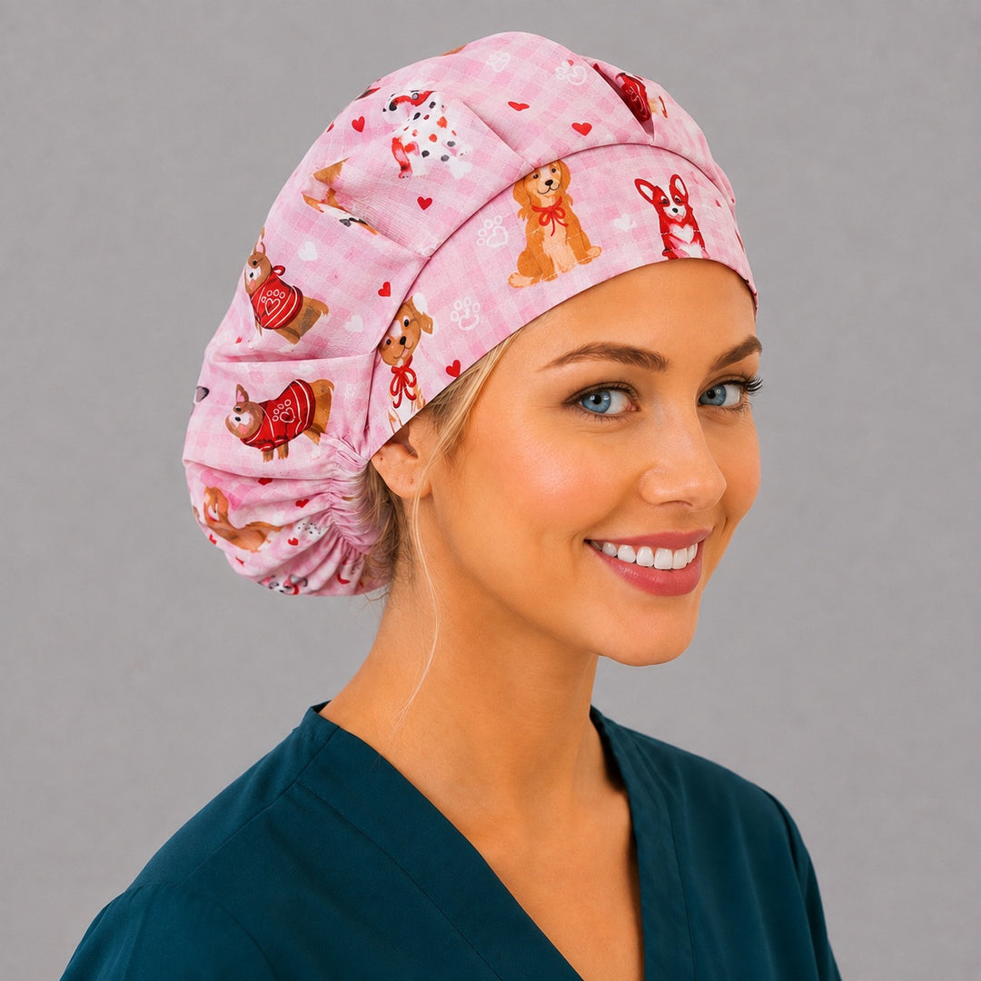 Pink puppy bouffant surgical cap, right angled view — deep gathered fit that secures long thick hair, favorite with vet techs
