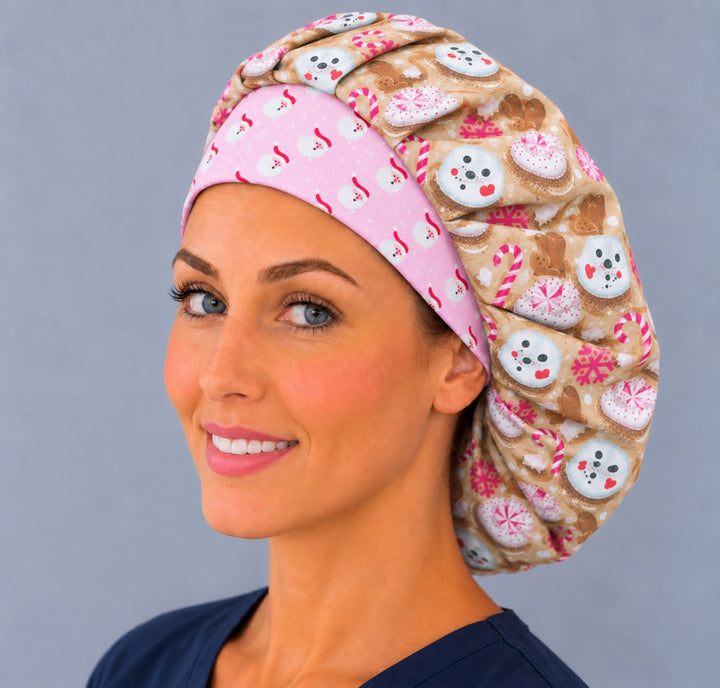 Pink Santa band bouffant surgical cap, right angled view — snowman print for surgical techs and L&amp;D nurses